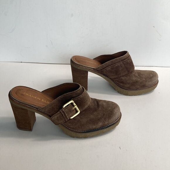 Franco Sarto Brown Suede Gold Buckle Boho Bohemian Heeled Mules Clogs Size 9.5 - Picture 6 of 11
